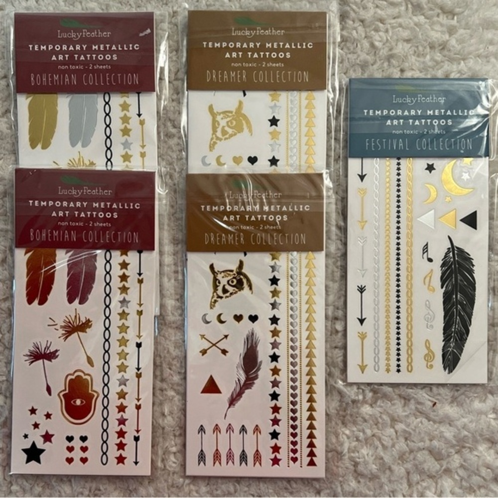 Lucky Feather Metallic Bohemian, Dreamer, Festival Themed Temporary Tattoo Set